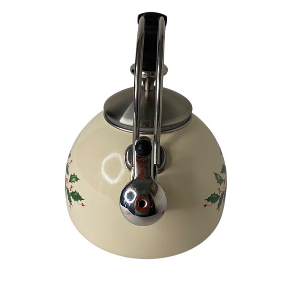 Lenox Holiday Holly Tea Whistling Kettle 2.5 Qt Cream Enamel Christmas Decor - Picture 7 of 7